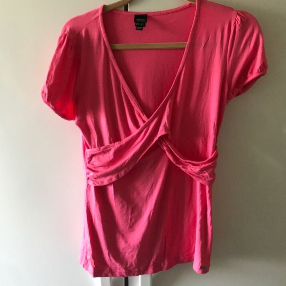 Esprit Drapey Hot Pink Stretch Puff Sleeves Criss Cross Top T- Shirt Tee Ruched